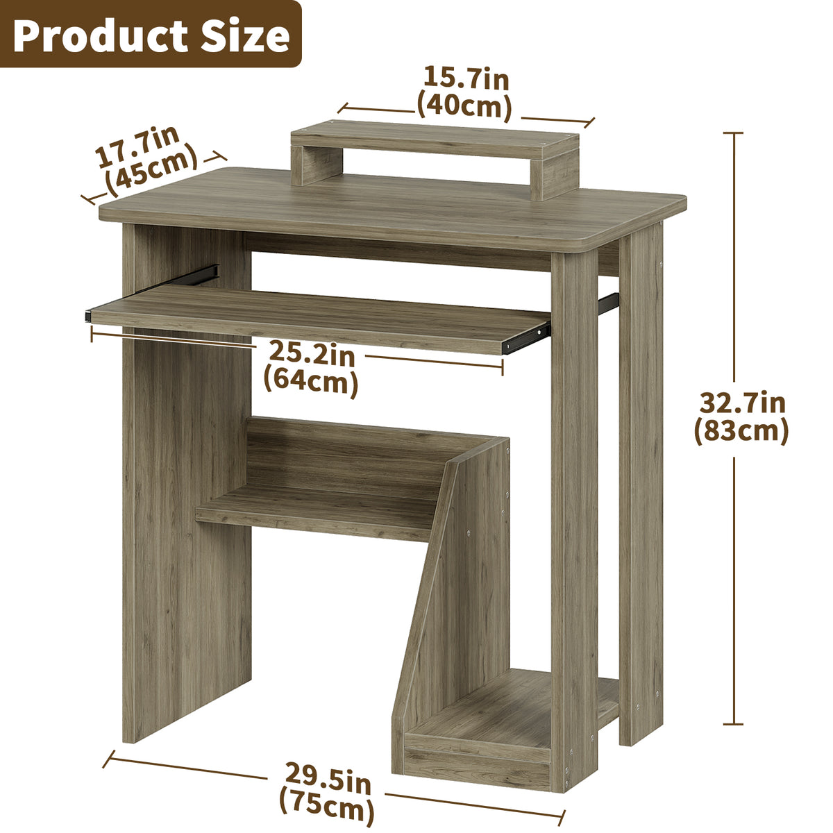 Compact Computer Desk with Monitor Stand, Keyboard Tray and Storage Shelves for Small Spaces