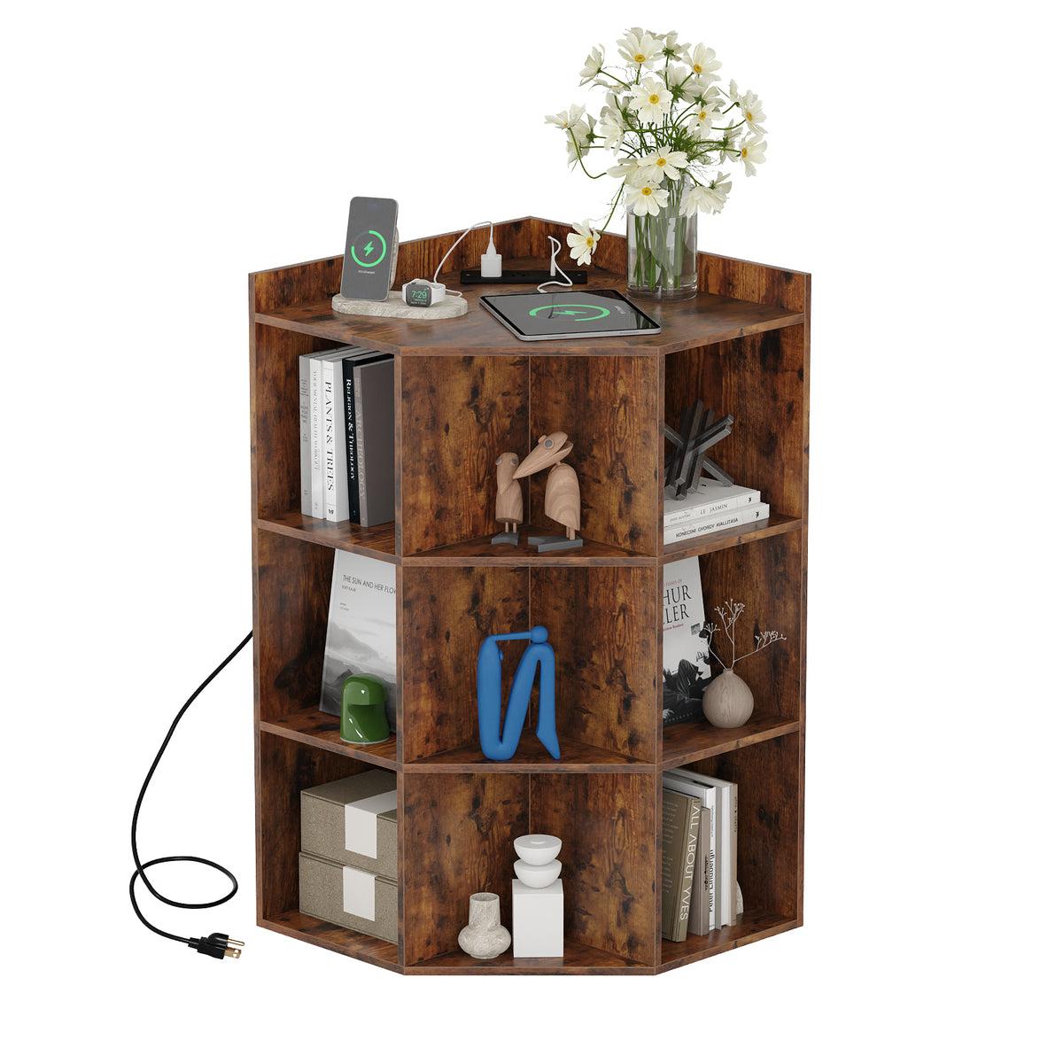 4-Tier Corner Storage Cabinet with USB Ports & Outlets, 9 Cubes
