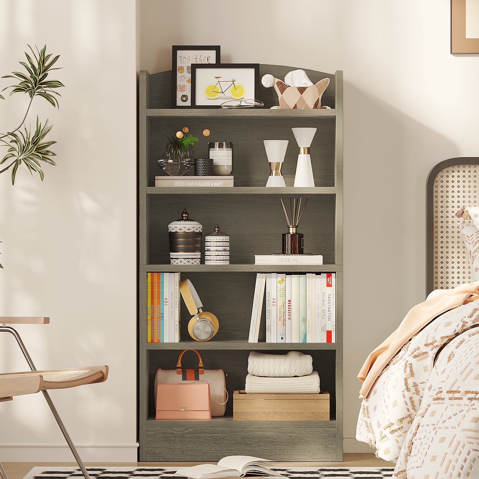 5-Tier Bookcase, 47" Wood Tall Bookshelf and Bookshelves, Floor Standing Book Shelf Display Storage Shelves for Bedroom Library Living Room Home Office