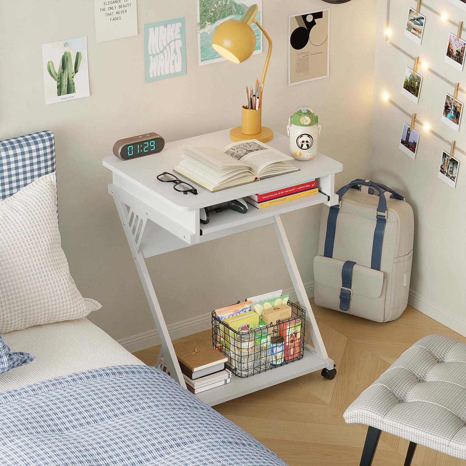Computer Desk for Small Spaces with Wheels and Bottom Shelves