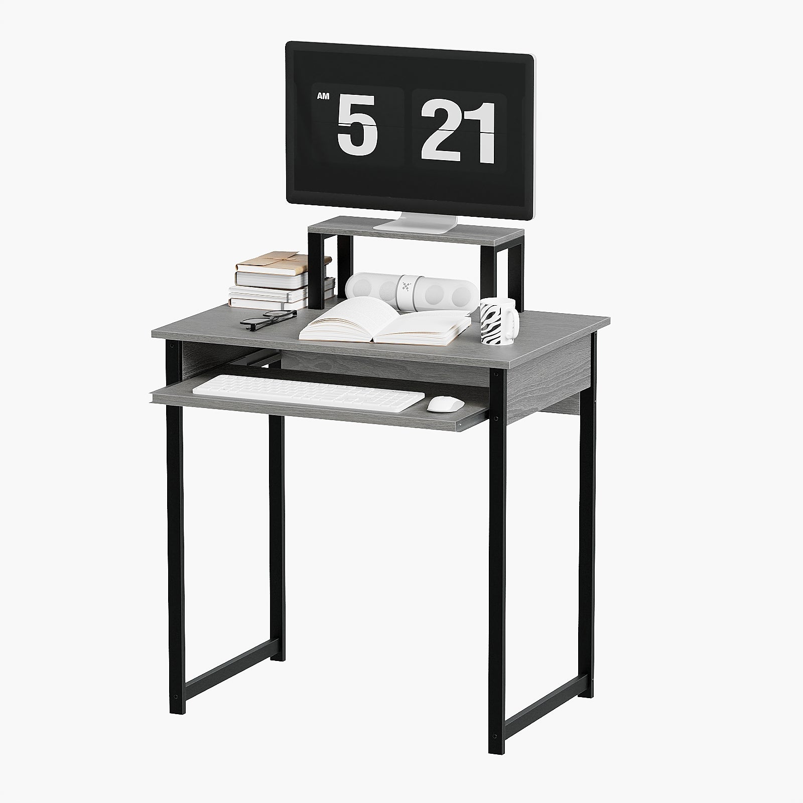 Modern Computer Desk with Monitor Stand and Keyboard Tray,Small Writing Study Table for Home Office,Space Saving Design,Simple Workstation for Bedroom & Living Room