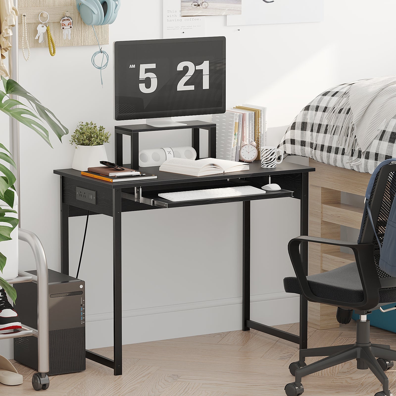 Computer Desk with Monitor Stand, Keyboard Tray and Power Strip, Modern Home Office Writing Desk