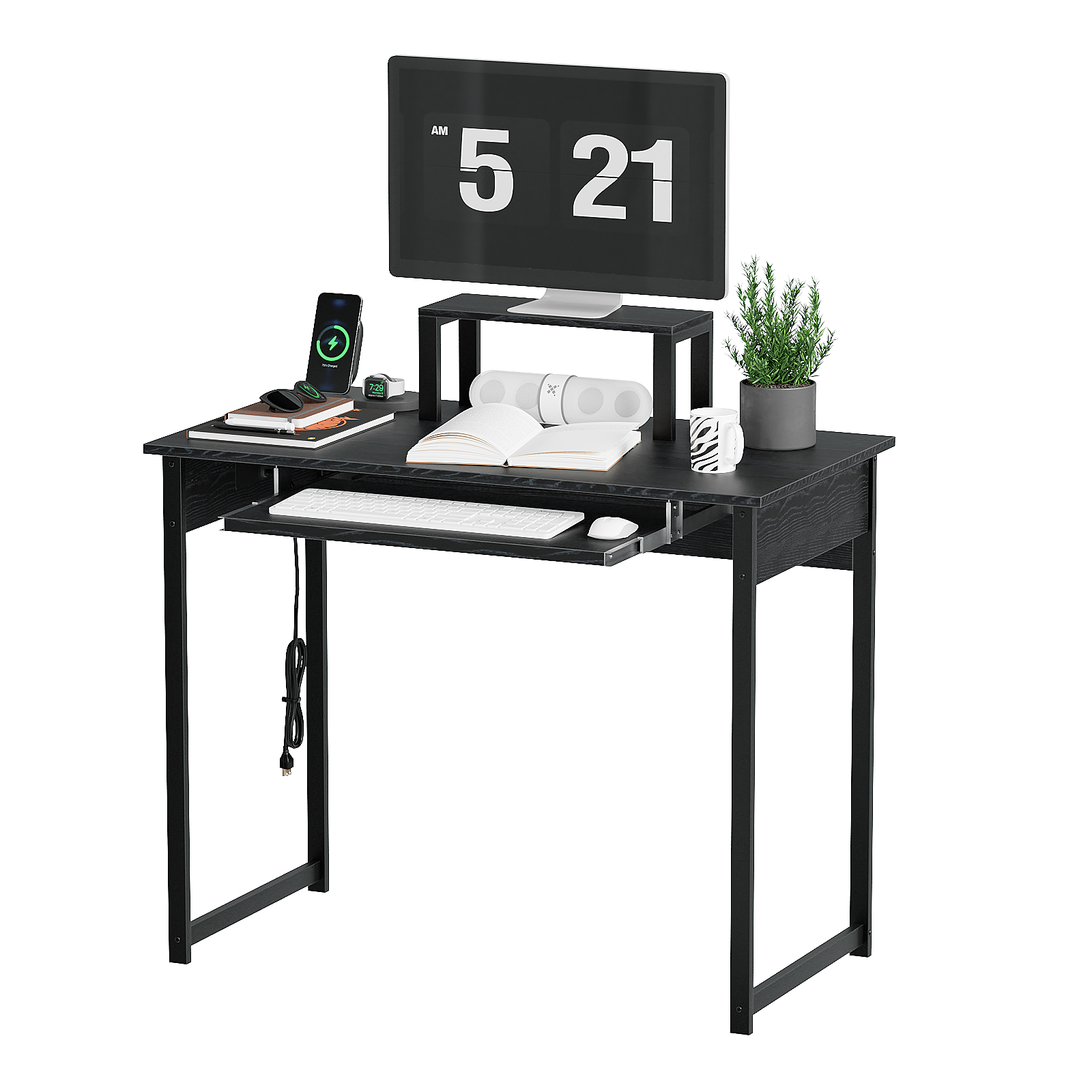 Computer Desk with Monitor Stand, Keyboard Tray and Power Strip, Modern Home Office Writing Desk