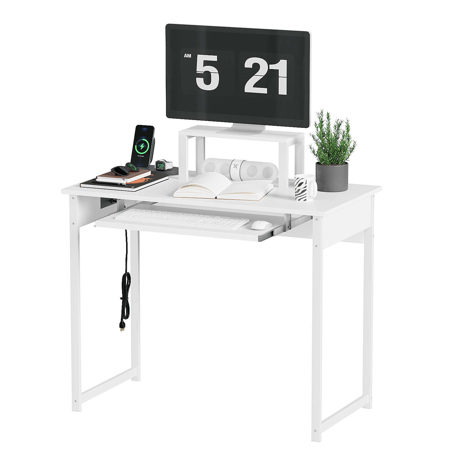 Computer Desk with Monitor Stand, Keyboard Tray and Power Strip, Modern Home Office Writing Desk