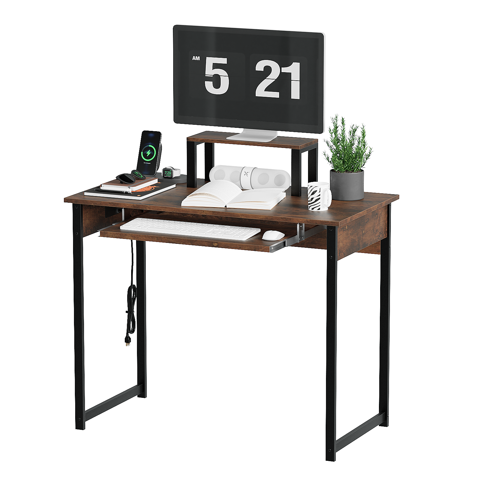 Computer Desk with Monitor Stand, Keyboard Tray and Power Strip, Modern Home Office Writing Desk