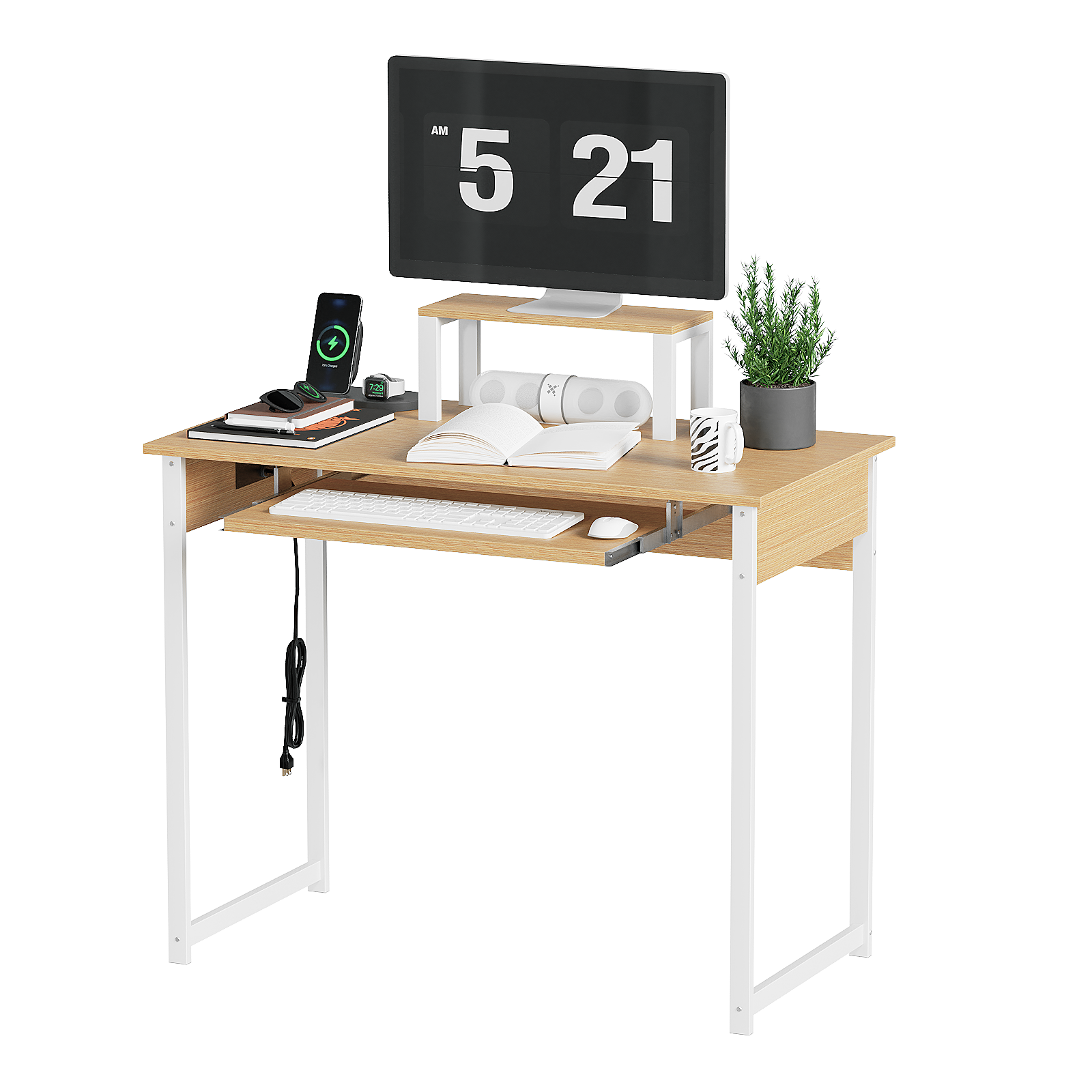 Computer Desk with Monitor Stand, Keyboard Tray and Power Strip, Modern Home Office Writing Desk