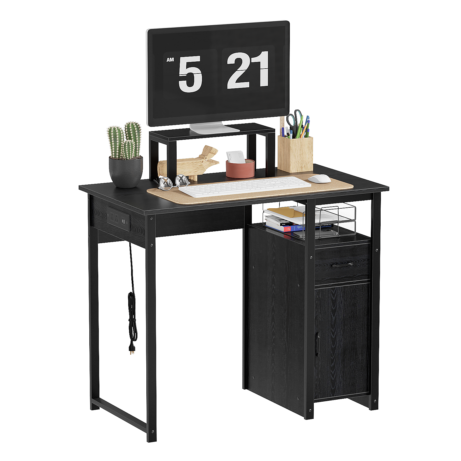 Computer Desk with Power Outlets and Monitor Stand, Small Home Office Desk with Storage Drawer & Cabinet, Compact Study Writing Desk PC Workstation for Small Spaces
