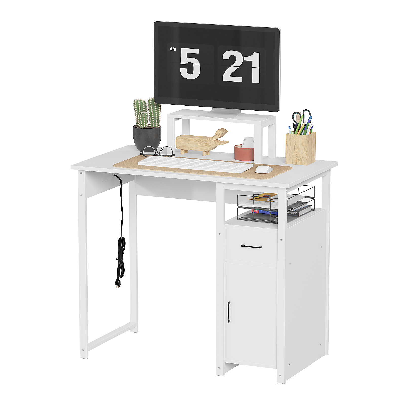 Computer Desk with Power Outlets and Monitor Stand, Small Home Office Desk with Storage Drawer & Cabinet, Compact Study Writing Desk PC Workstation for Small Spaces