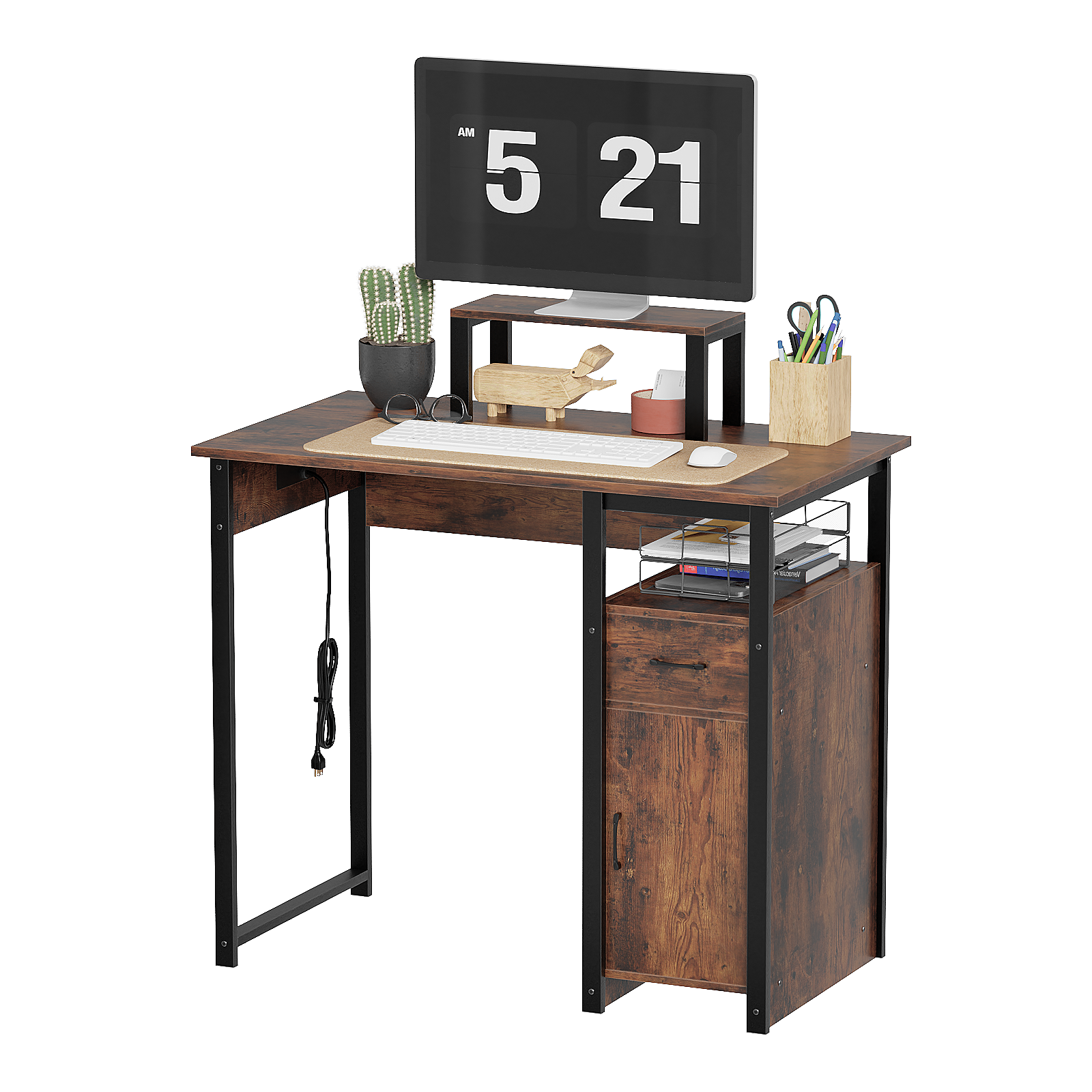Computer Desk with Power Outlets and Monitor Stand, Small Home Office Desk with Storage Drawer & Cabinet, Compact Study Writing Desk PC Workstation for Small Spaces