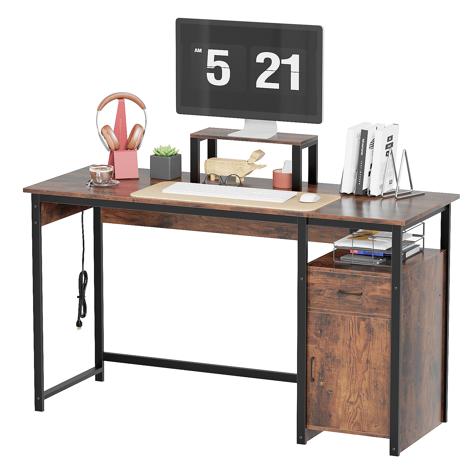 Computer Desk with Power Outlets and Monitor Stand, Small Home Office Desk with Storage Drawer & Cabinet, Compact Study Writing Desk PC Workstation for Small Spaces
