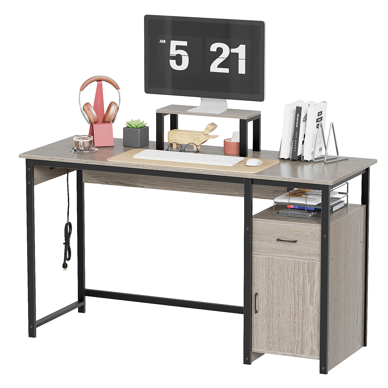Computer Desk with Power Outlets and Monitor Stand, Small Home Office Desk with Storage Drawer & Cabinet, Compact Study Writing Desk PC Workstation for Small Spaces