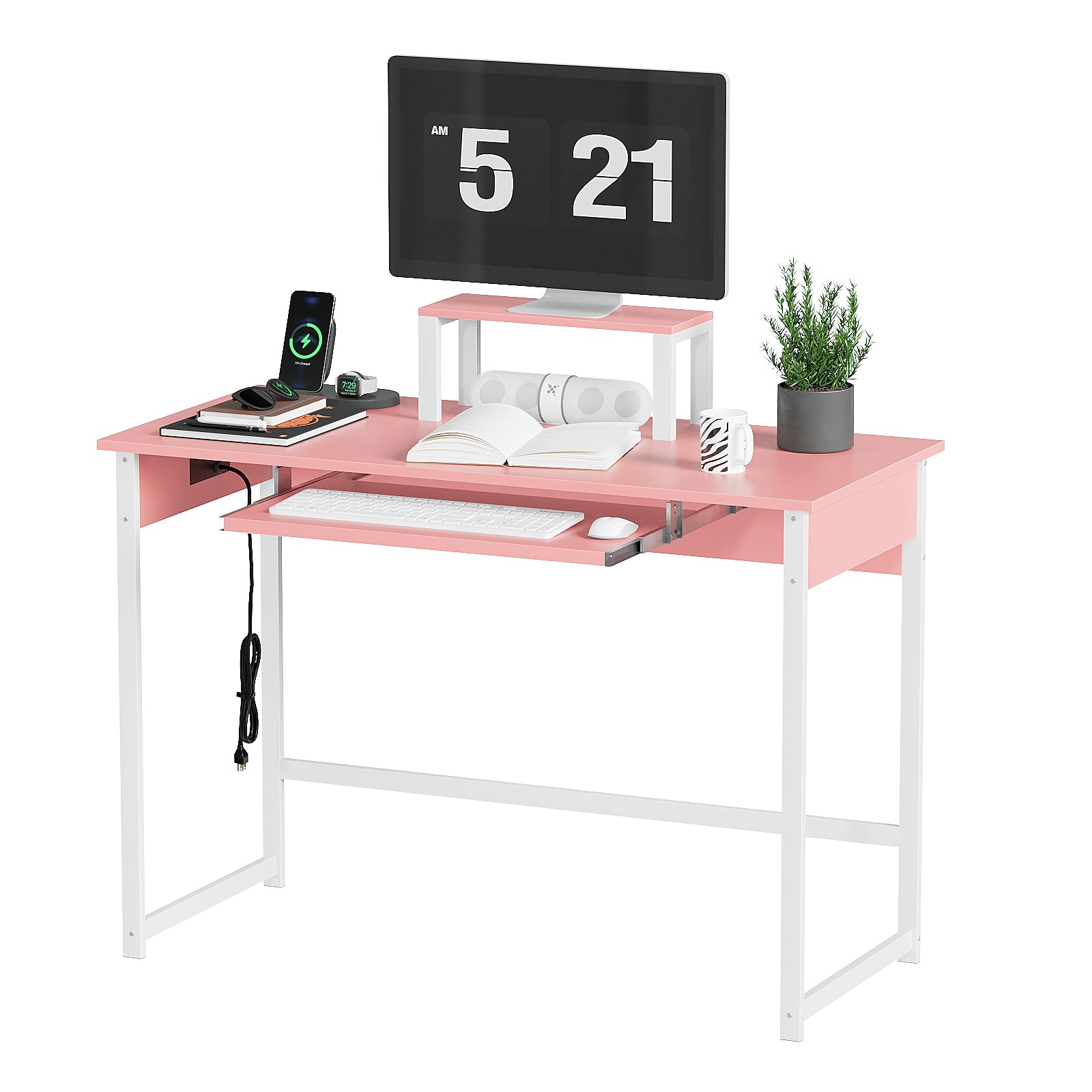 Modern Computer Desk with Keyboard Tray & Monitor Stand, Home Office Desk for Small Spaces, Study Writing Table with Storage Shelves, Gaming Desk, Black