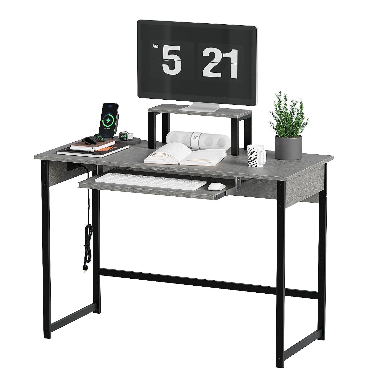 Modern Computer Desk with Keyboard Tray & Monitor Stand, Home Office Desk for Small Spaces, Study Writing Table with Storage Shelves, Gaming Desk, Black