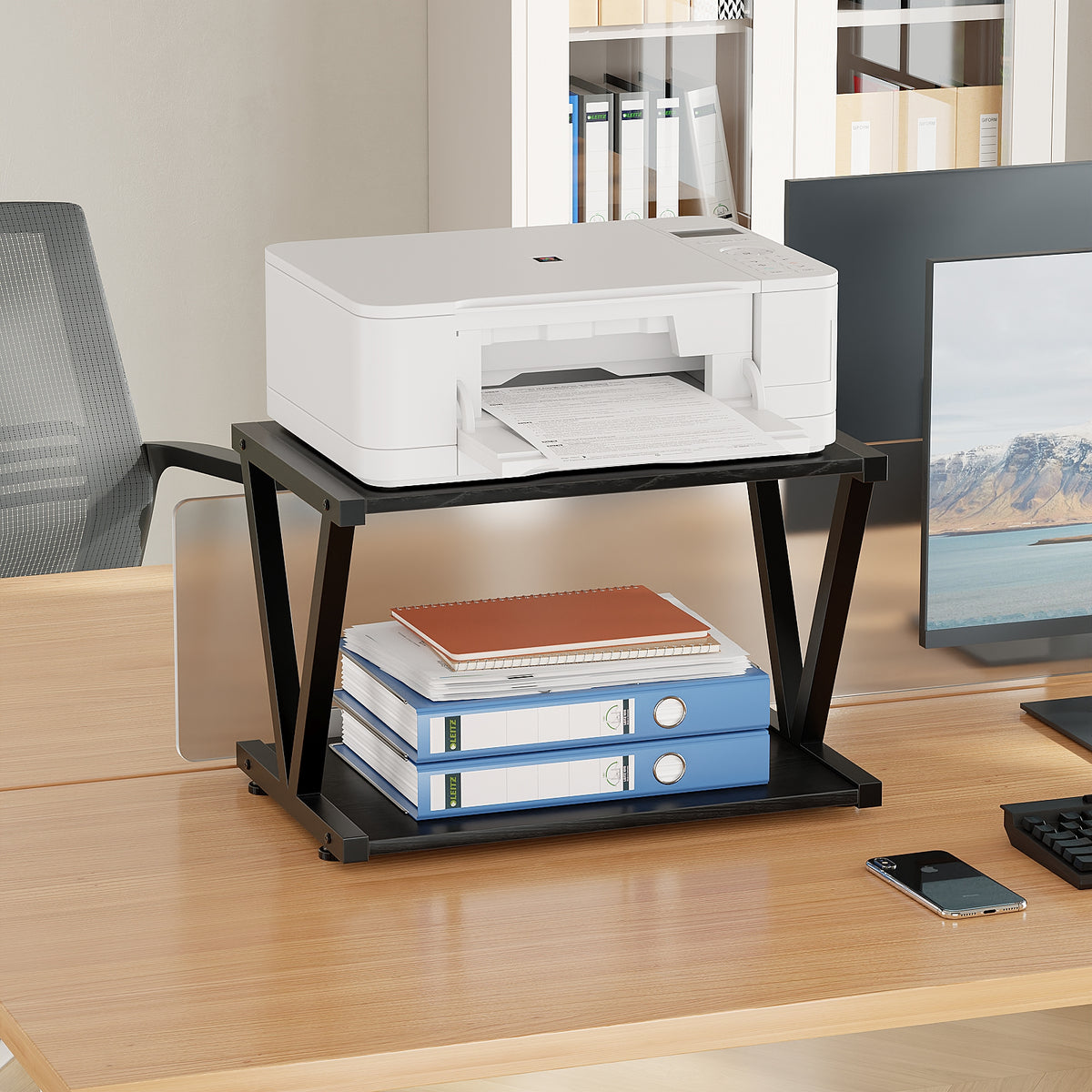 2-Tier Desktop Printer Stand with Storage Shelf for Home Office