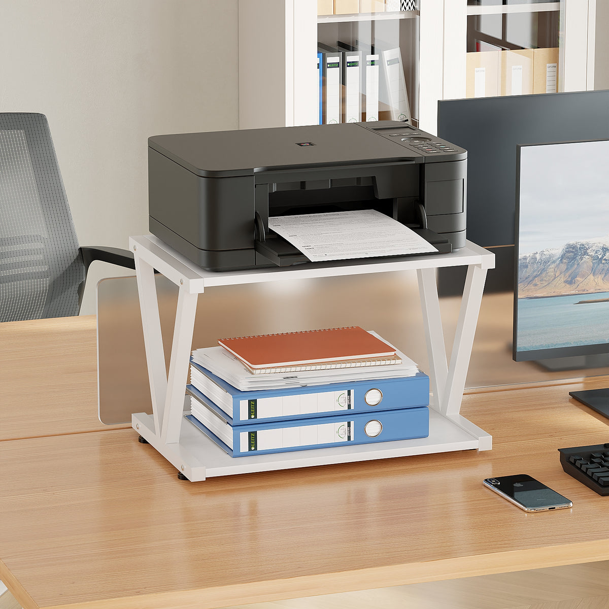2-Tier Desktop Printer Stand with Storage Shelf for Home Office