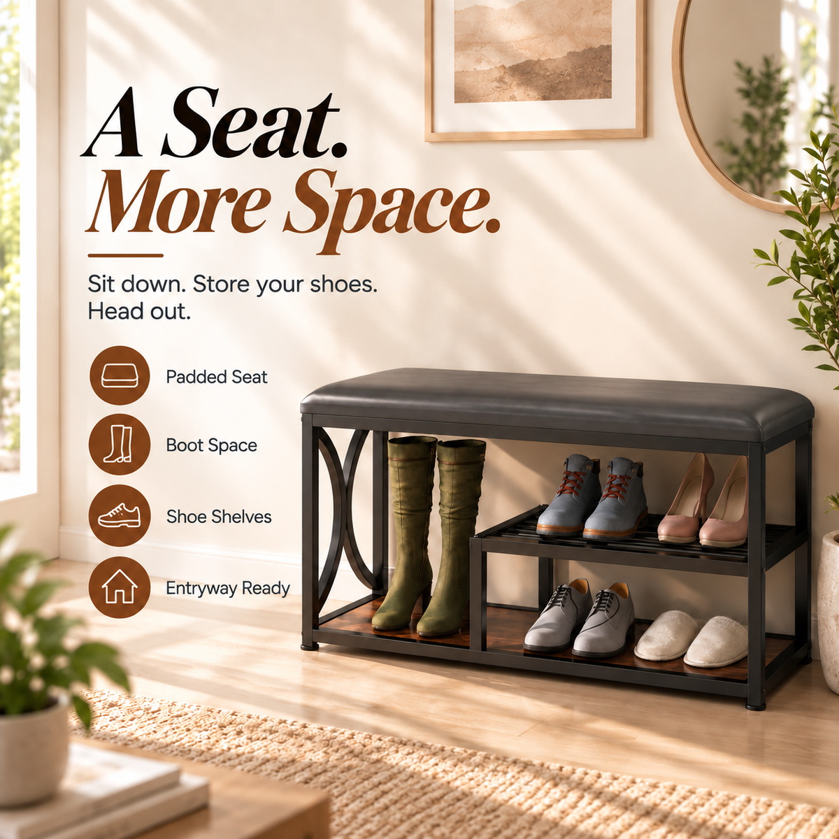 3-Tier Shoe Rack Bench with Padded Seat – Alisened