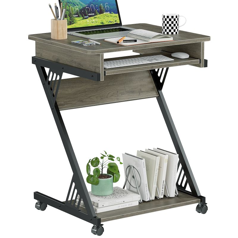 Computer Desk for Small Spaces with Wheels and Bottom Shelves