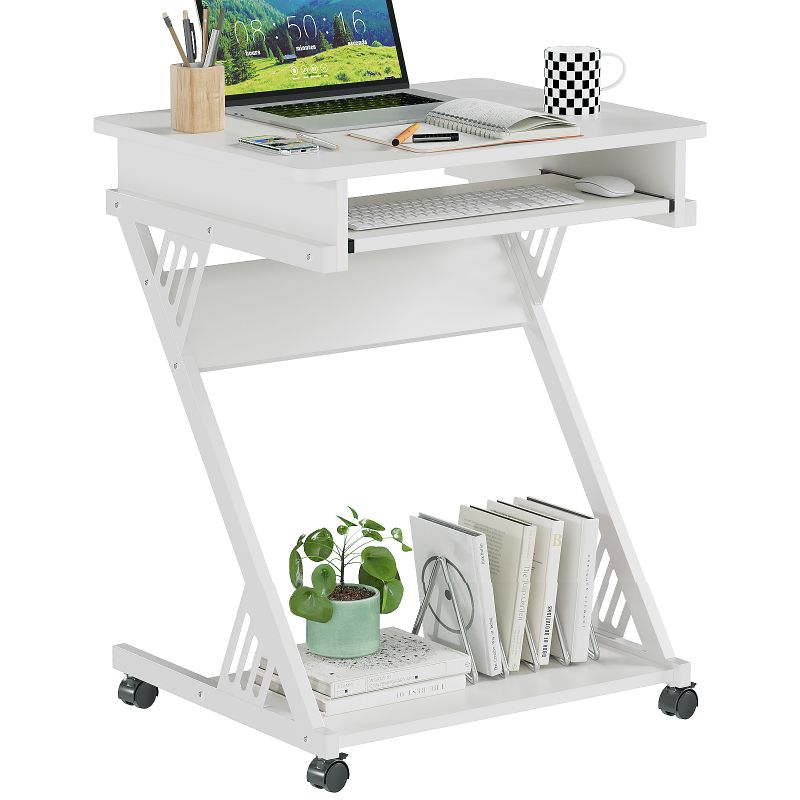 Computer Desk for Small Spaces with Wheels and Bottom Shelves