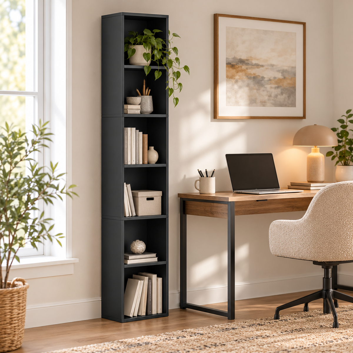 Alisened ALC-091 black 6-cube bookshelf beside home office desk