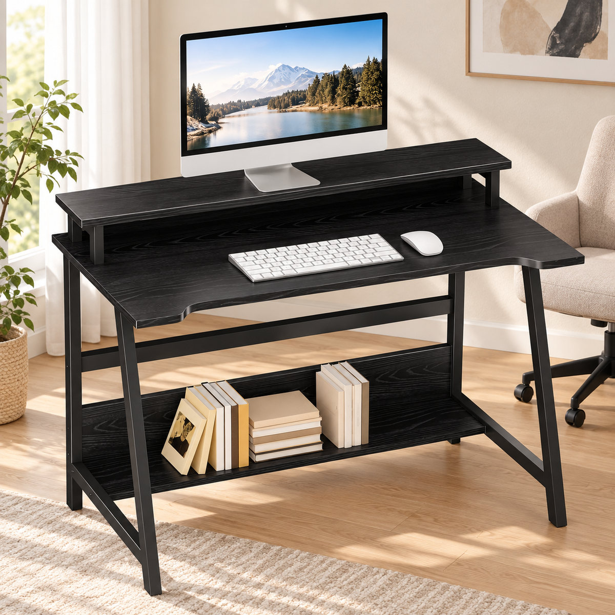Black compact computer desk with storage shelves in a bright home office