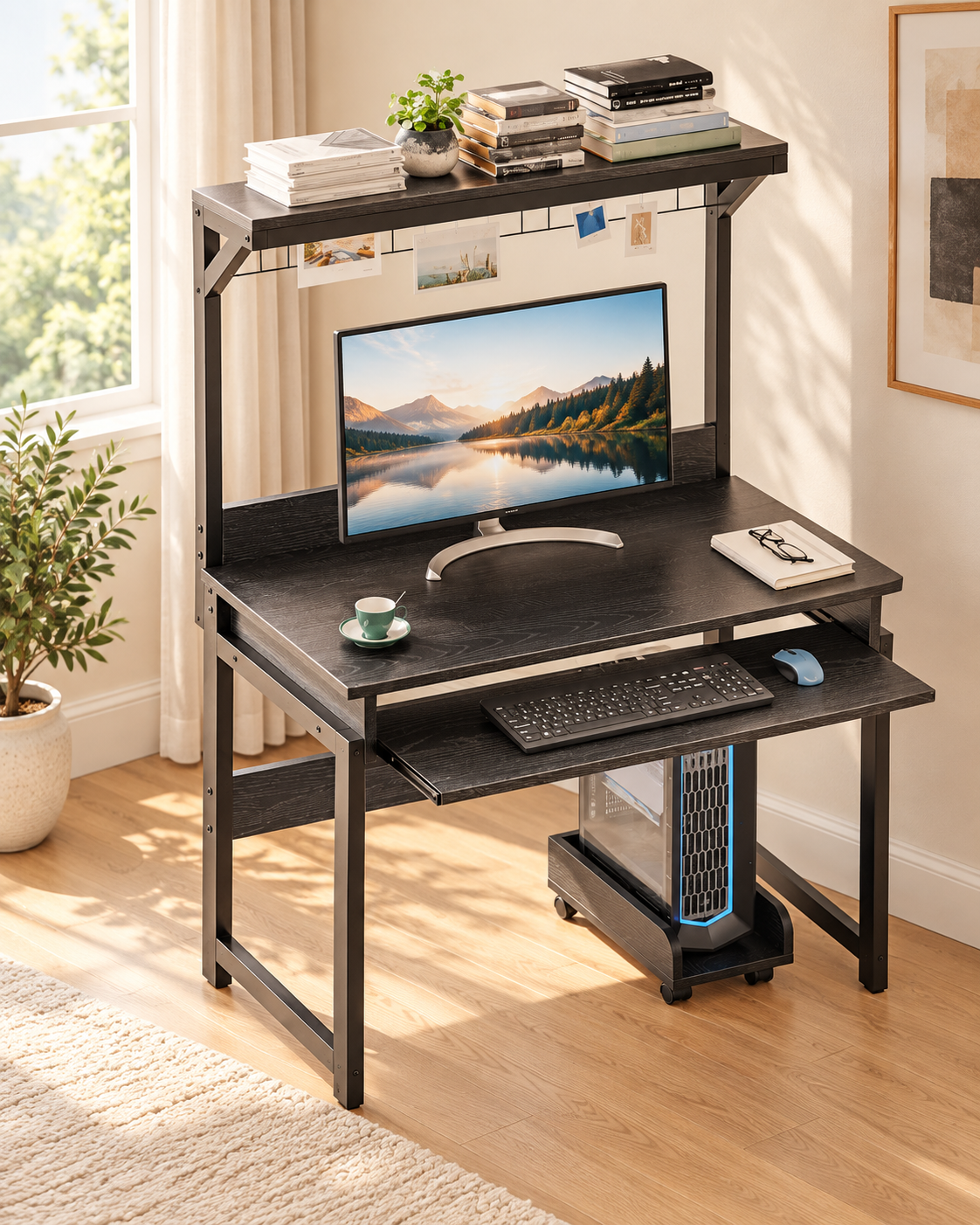 Compact Computer Desk with Hutch, Keyboard Tray and Storage Shelves in a bright minimalist home office