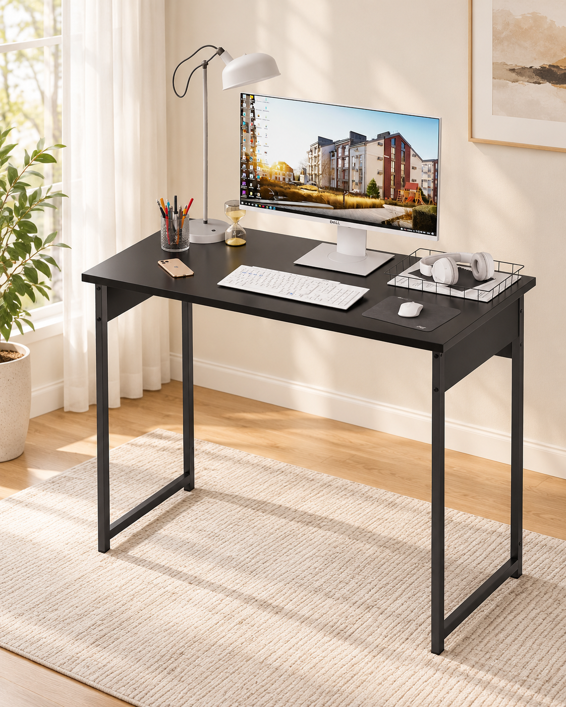37-Inch Simple Computer Desk with Metal Frame in a bright minimalist home office