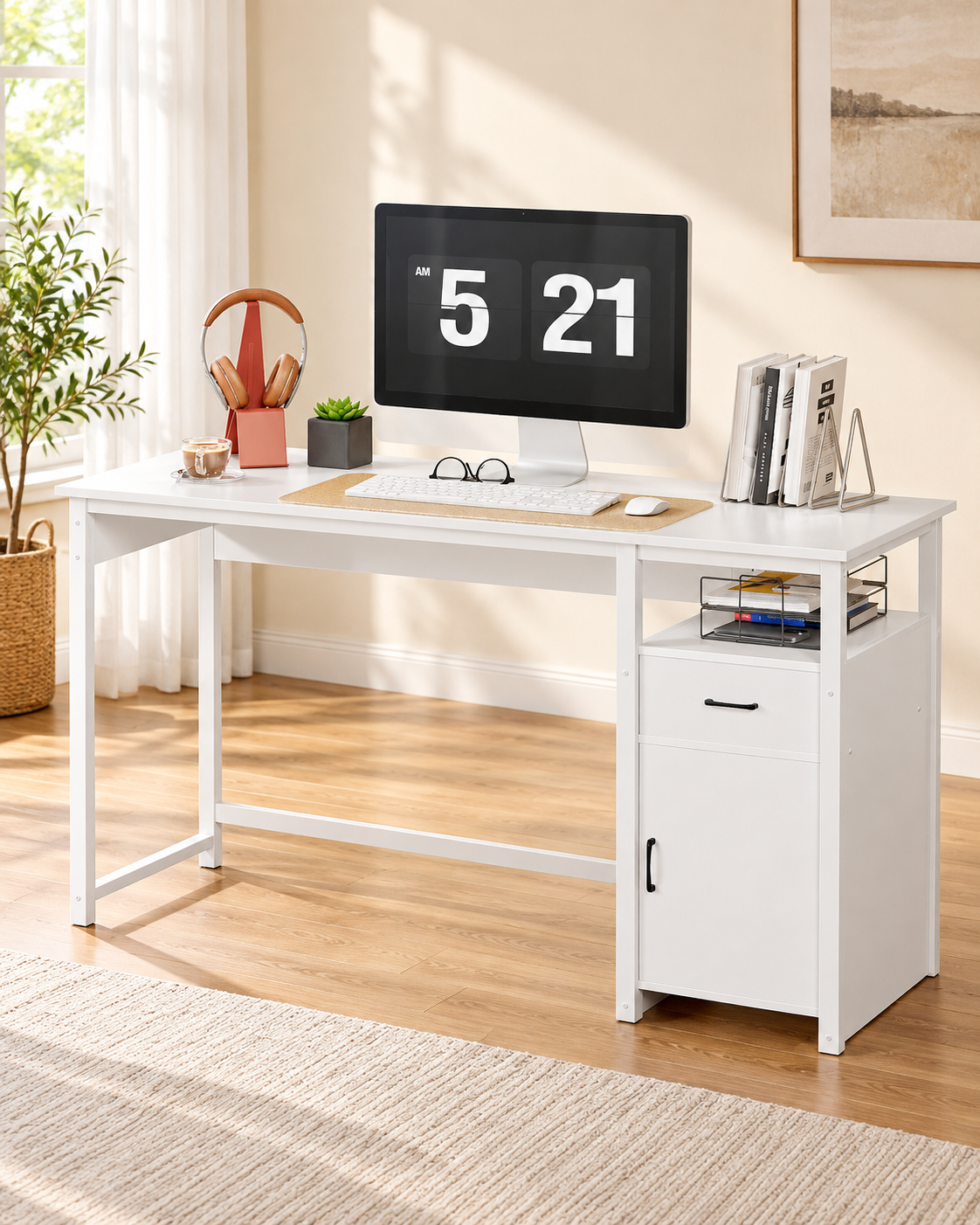 53.2-Inch Computer Desk with Drawer & Storage Cabinet in a bright minimalist home office