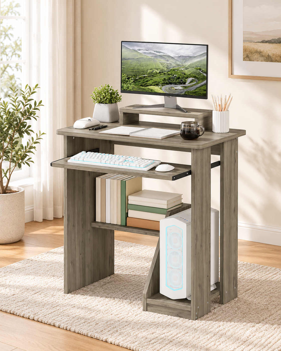 Compact Computer Desk with Monitor Stand, Keyboard Tray and Storage Shelves for Small Spaces in a bright minimalist home office