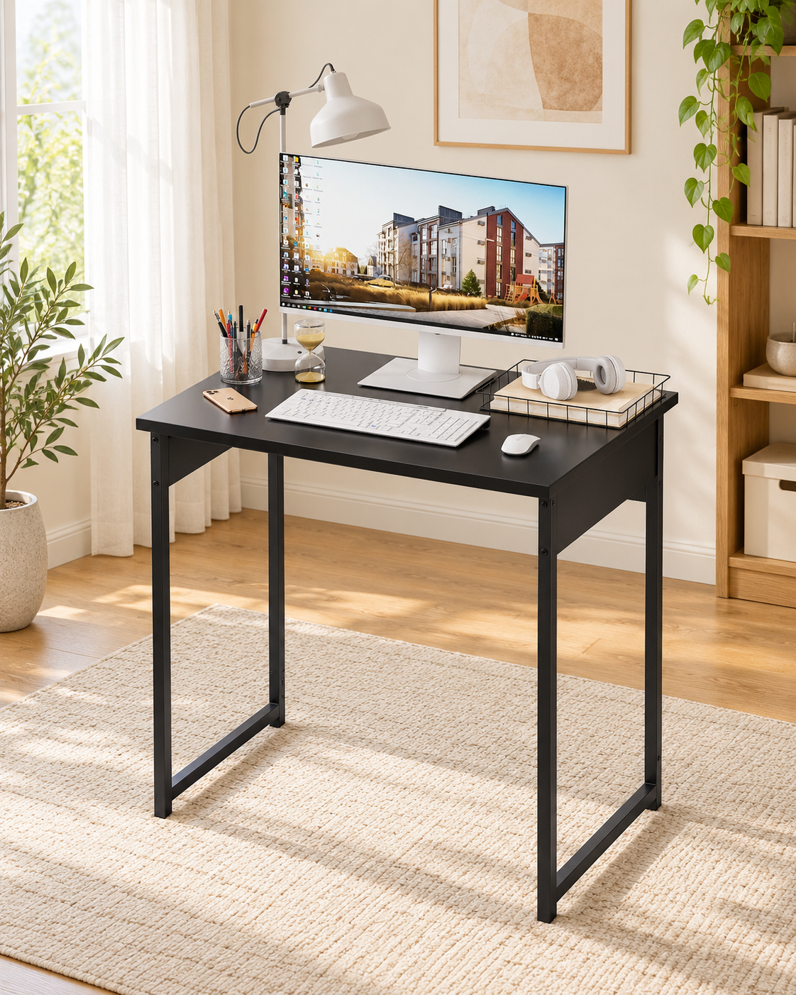 29.5-Inch Simple Computer Desk with Metal Frame in a bright minimalist home office