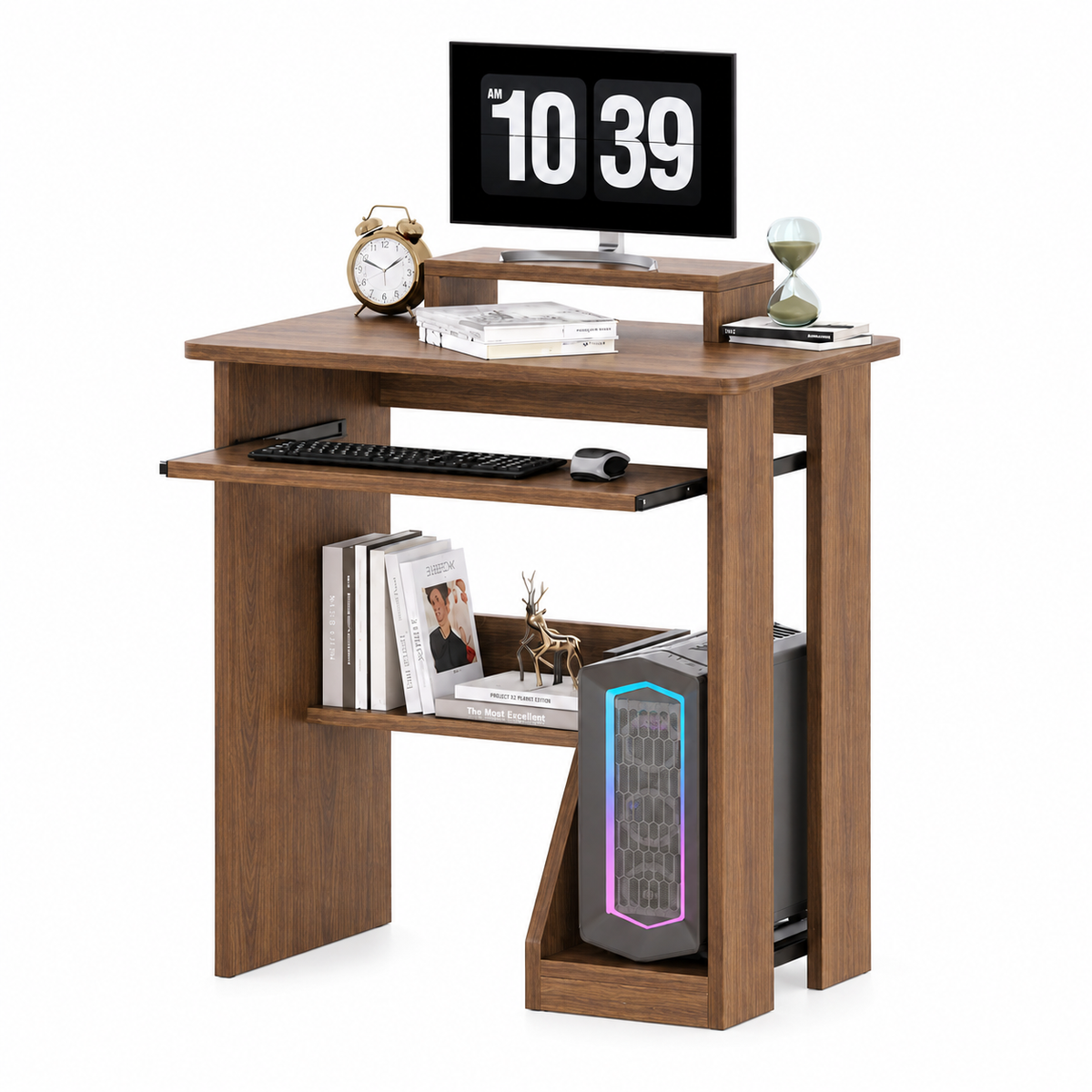 Compact computer desk in Brown Wood Grain with monitor stand, keyboard tray and storage shelves