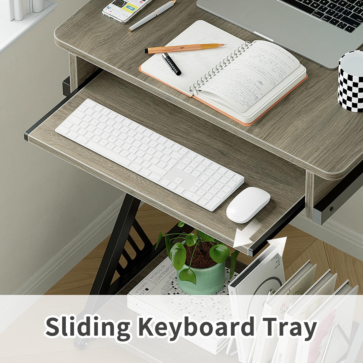 Rolling Computer Desk with Keyboard Tray and Storage Shelves