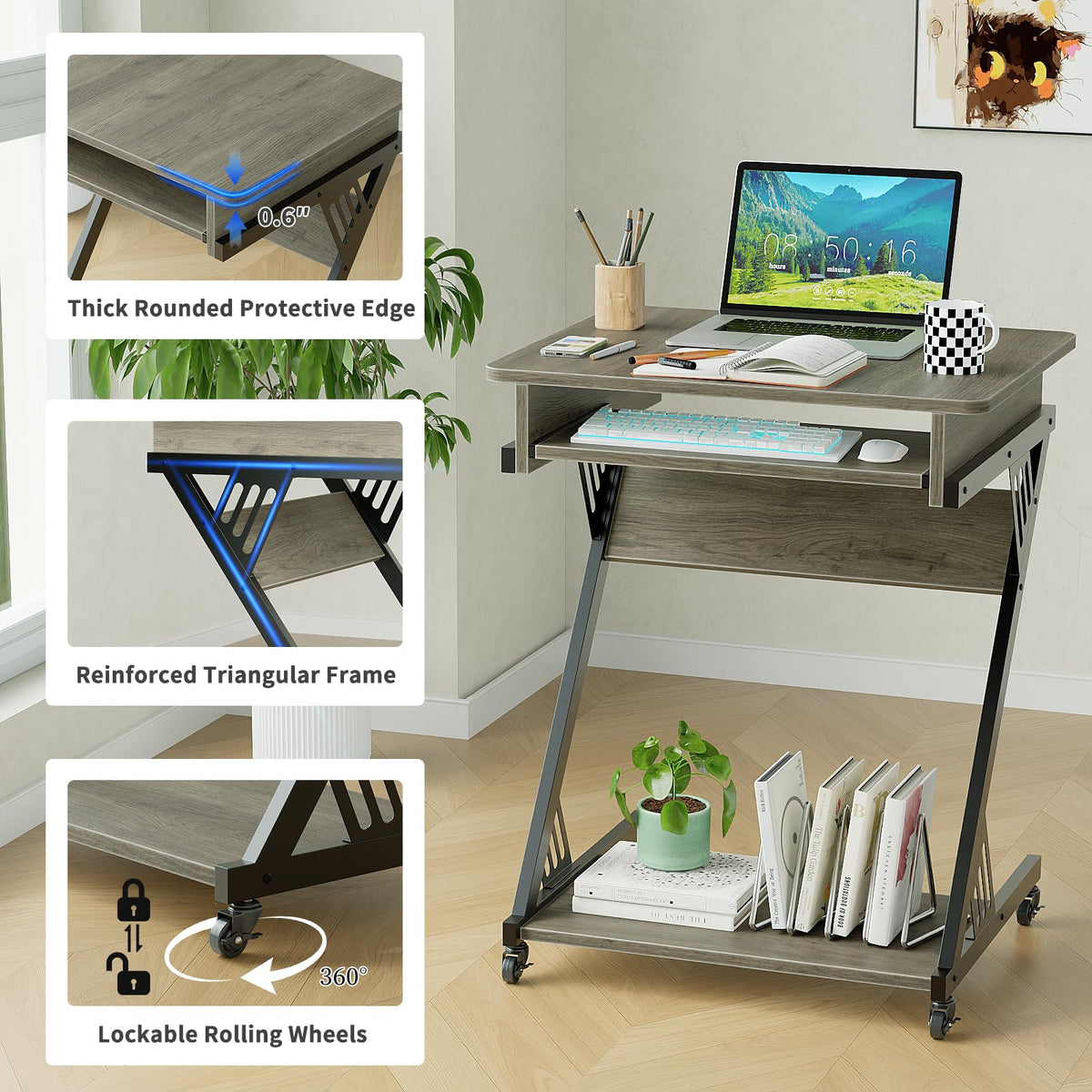 Rolling Computer Desk with Keyboard Tray and Storage Shelves