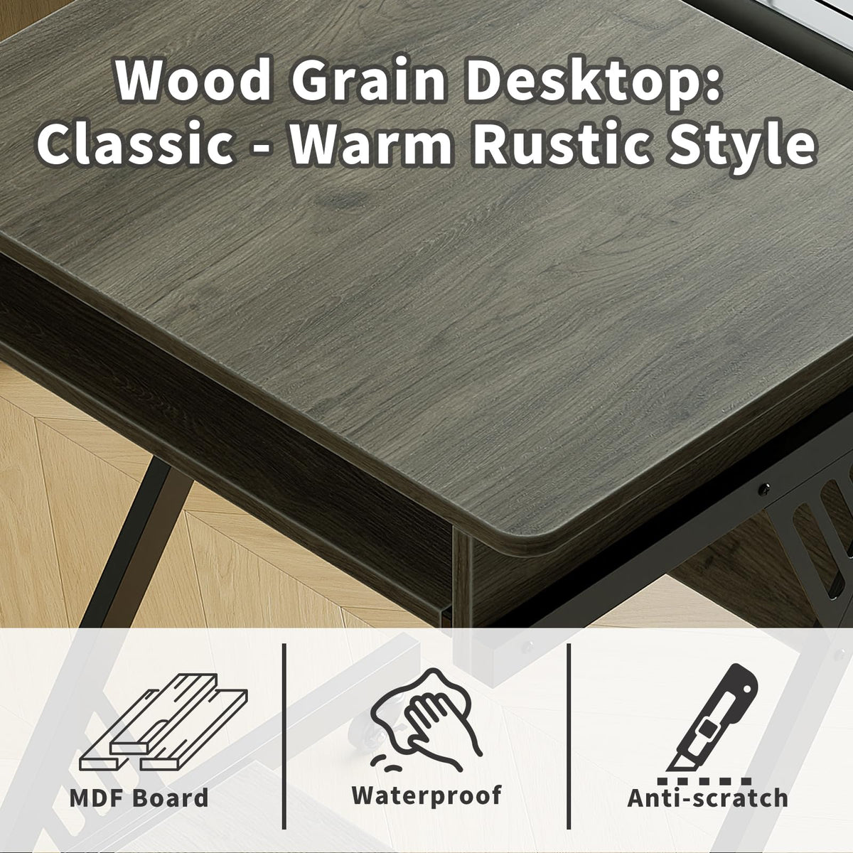 Rolling Computer Desk with Keyboard Tray and Storage Shelves