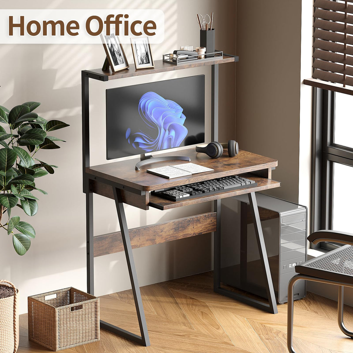 Industrial Computer Desk with Keyboard Tray and Storage Shelves