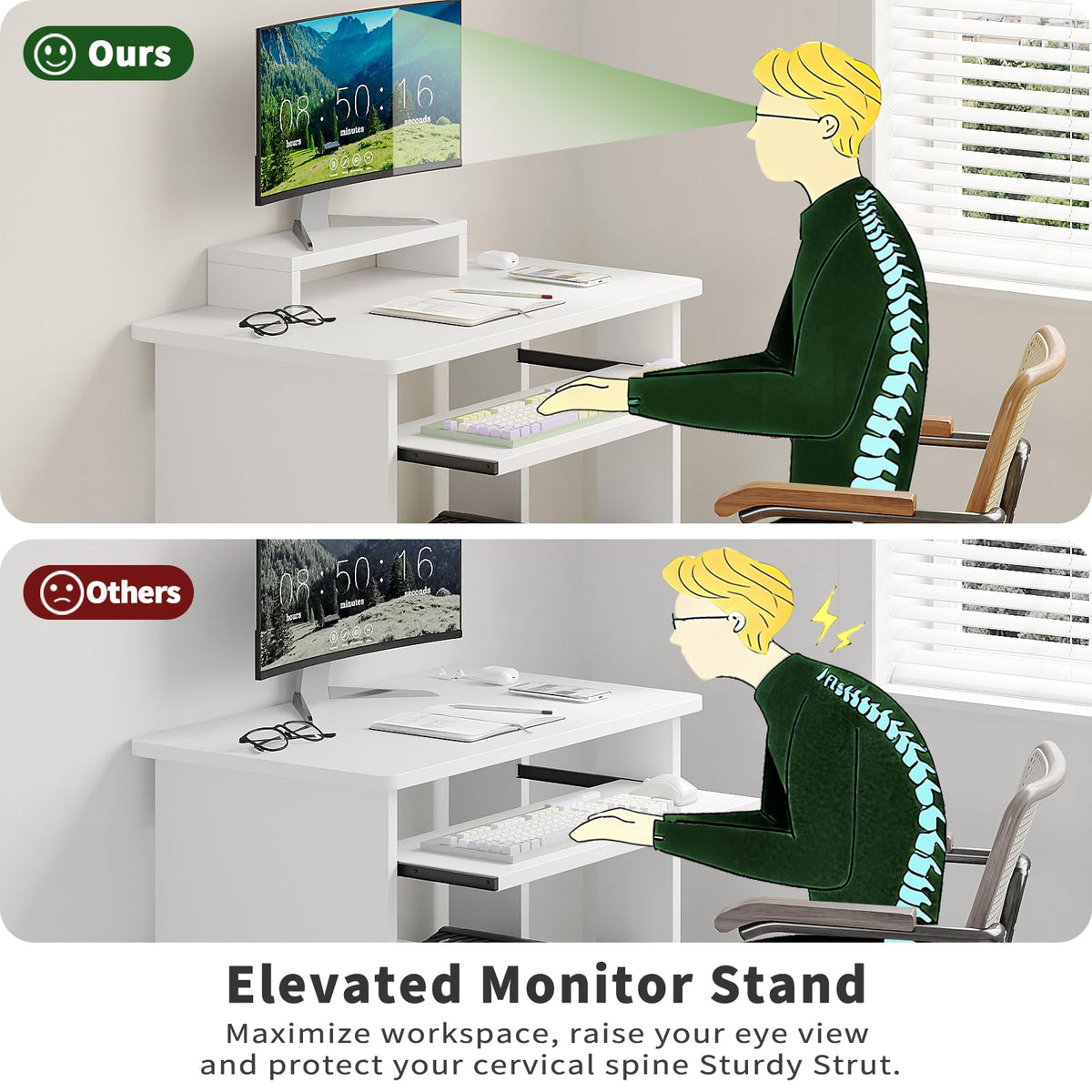 Compact Computer Desk with Monitor Stand, Keyboard Tray and Storage Shelves for Small Spaces