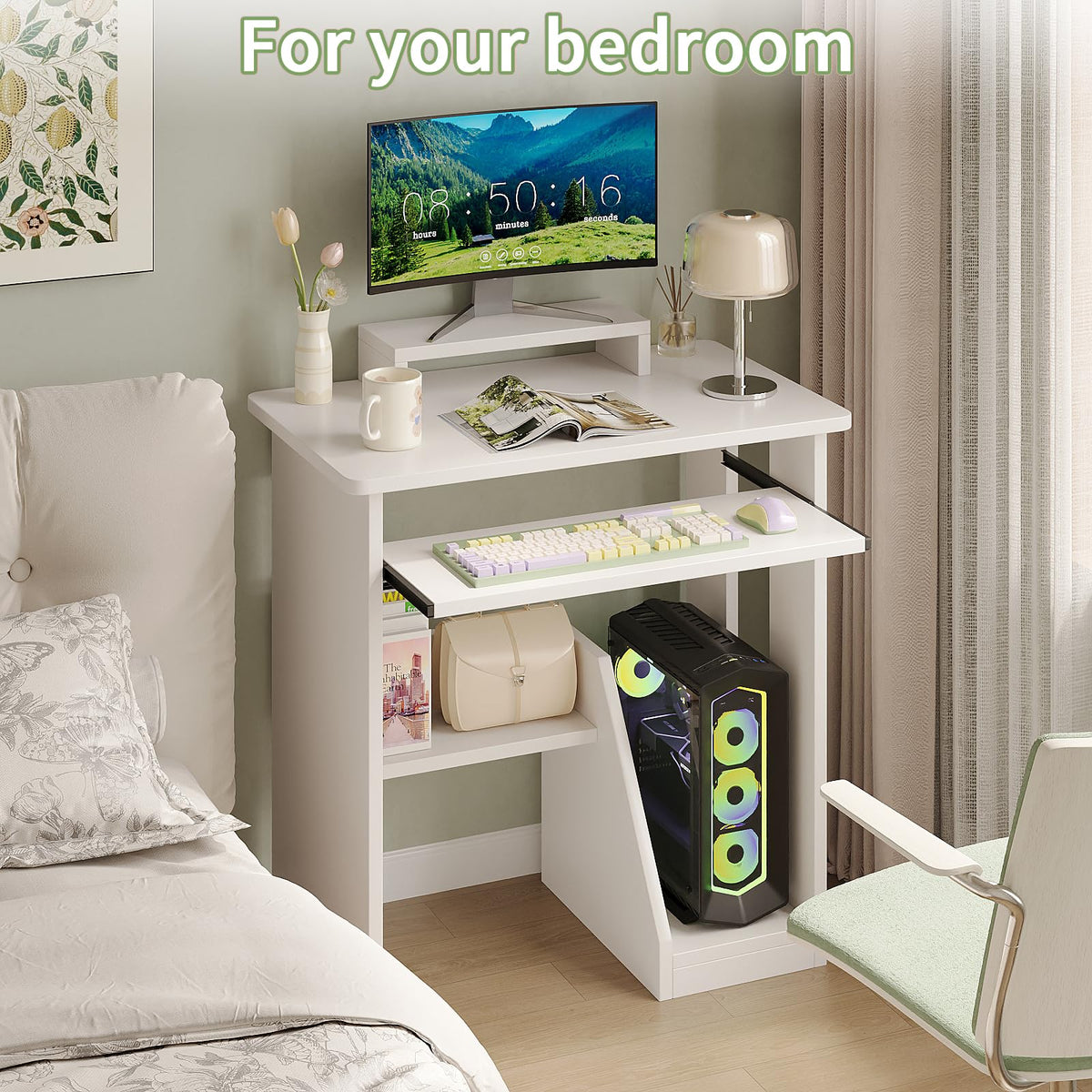 Compact Computer Desk with Monitor Stand, Keyboard Tray and Storage Shelves for Small Spaces