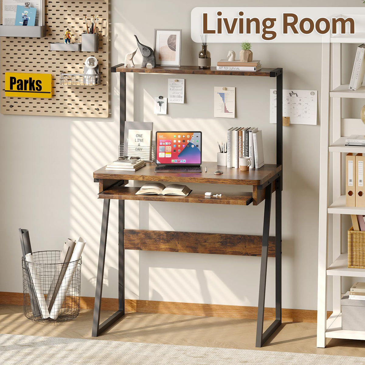 Industrial Computer Desk with Keyboard Tray and Storage Shelves