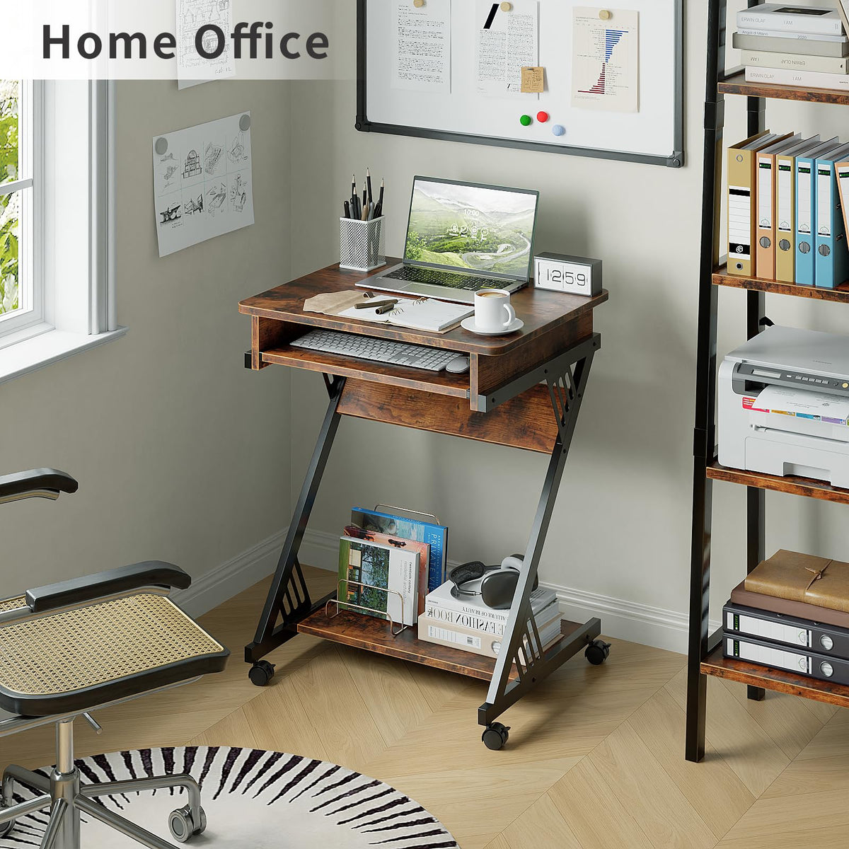 Rolling Computer Desk with Keyboard Tray and Storage Shelves