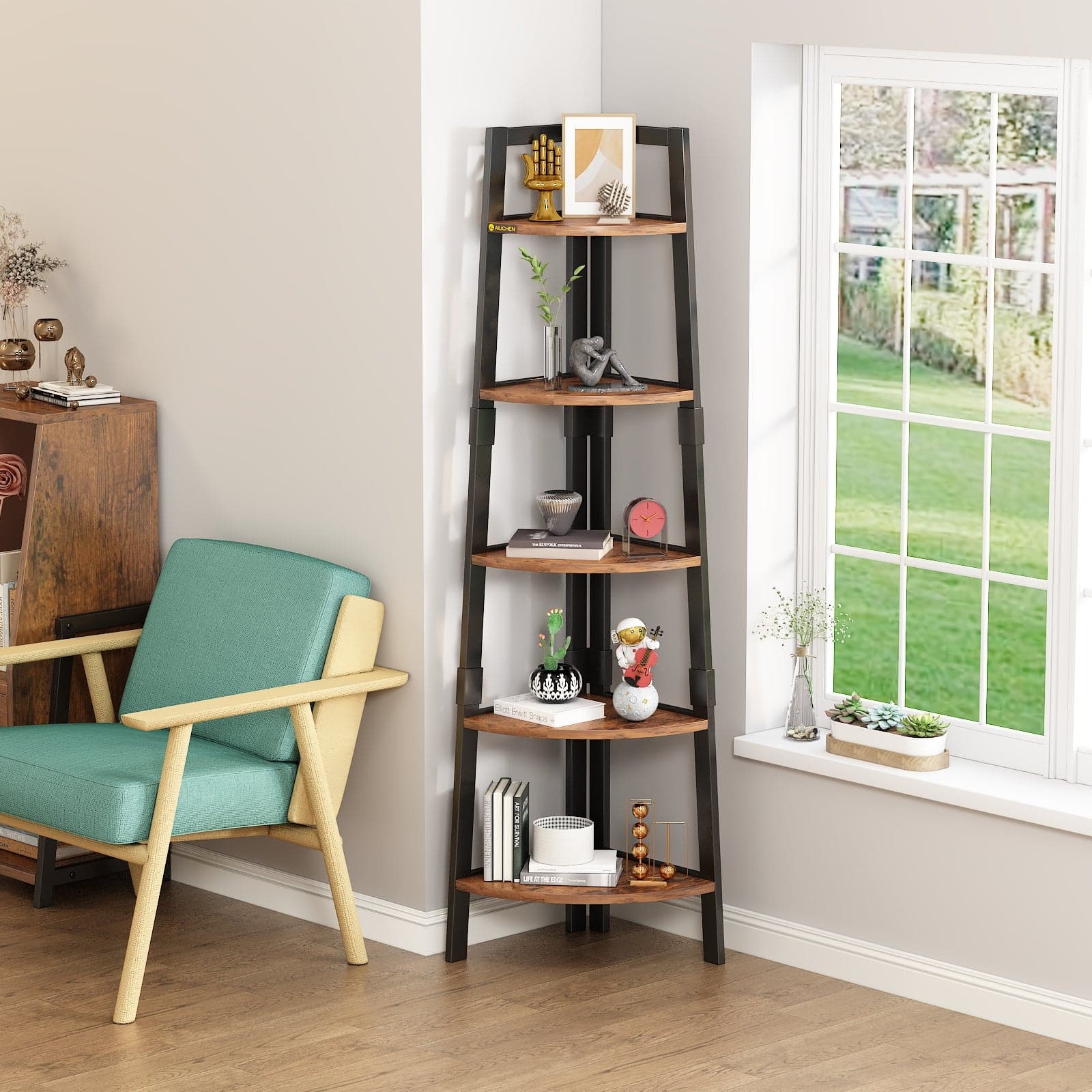 5-Tier Corner Bookshelf Storage Rack Shelves with Steel Frame