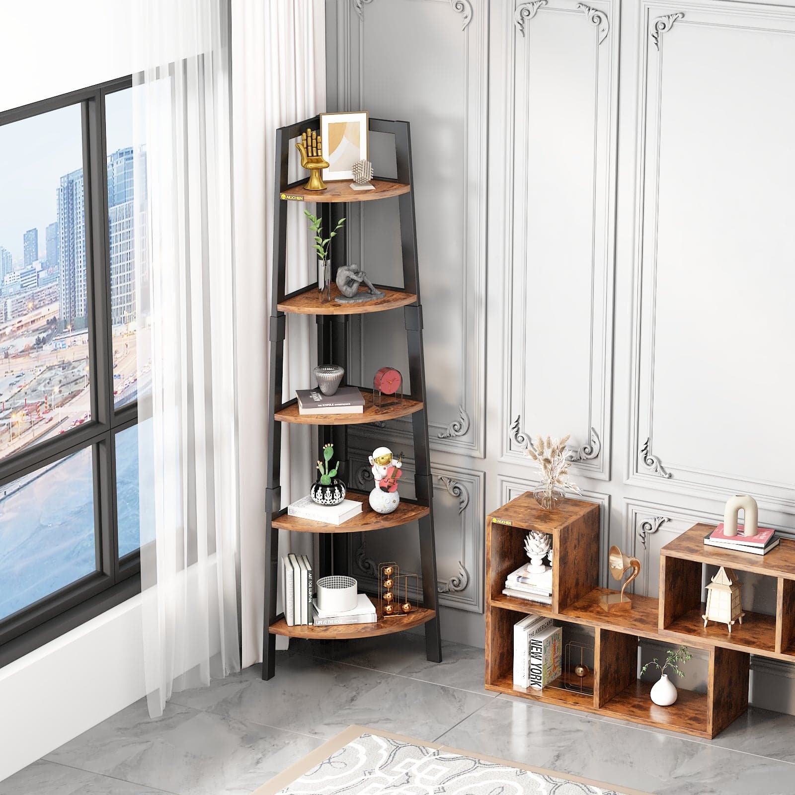5-Tier Corner Bookshelf Storage Rack Shelves with Steel Frame