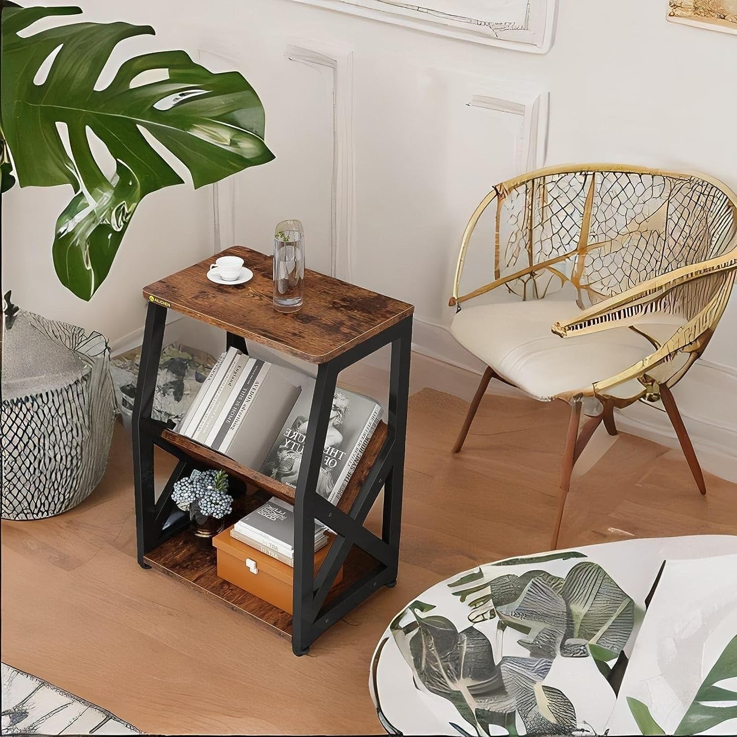 3 Tier Vintage Industrial Side Table with Magazine Holder beside sofa