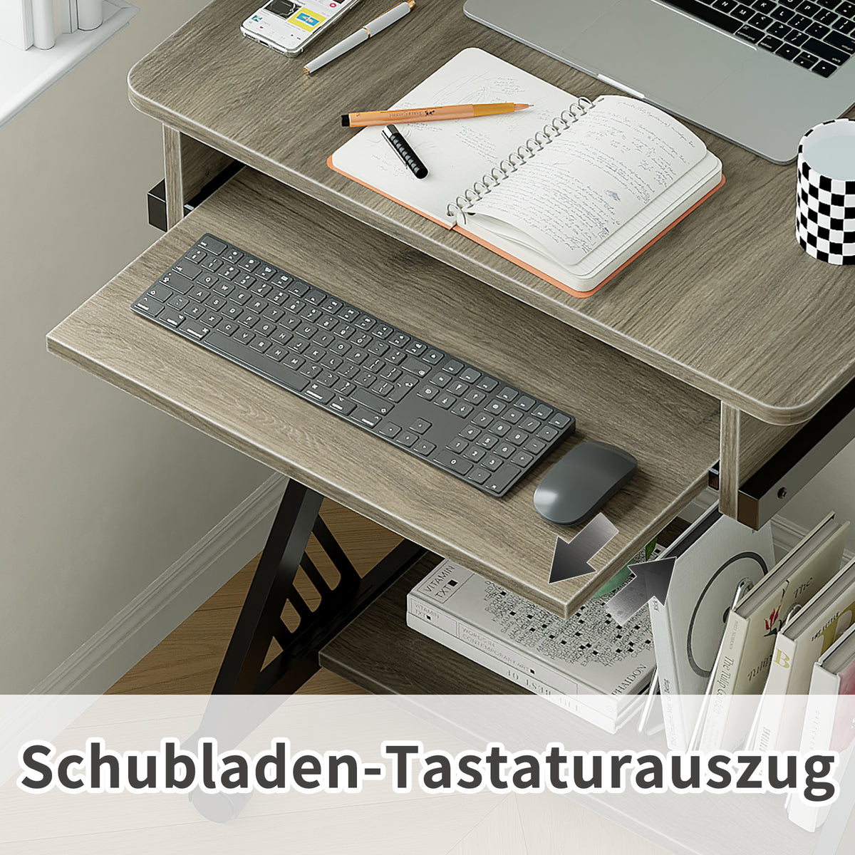 Rolling Computer Desk with Keyboard Tray and Storage Shelves