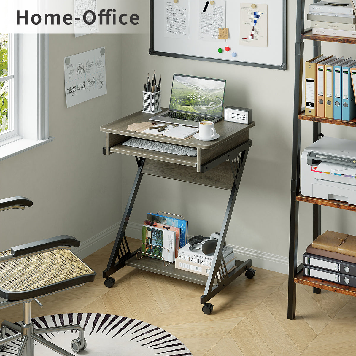 Rolling Computer Desk with Keyboard Tray and Storage Shelves