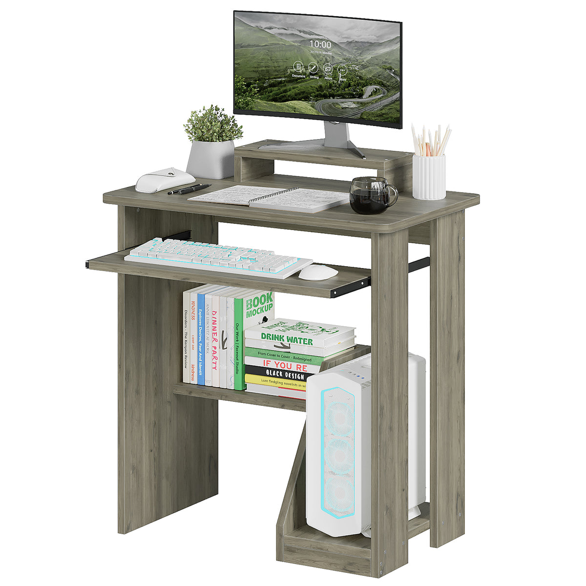 Compact Computer Desk with Monitor Stand, Keyboard Tray and Storage Shelves for Small Spaces