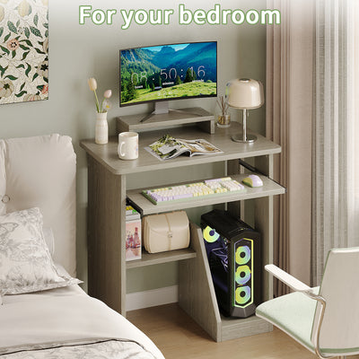 Compact Computer Desk with Monitor Stand, Keyboard Tray and Storage Shelves for Small Spaces