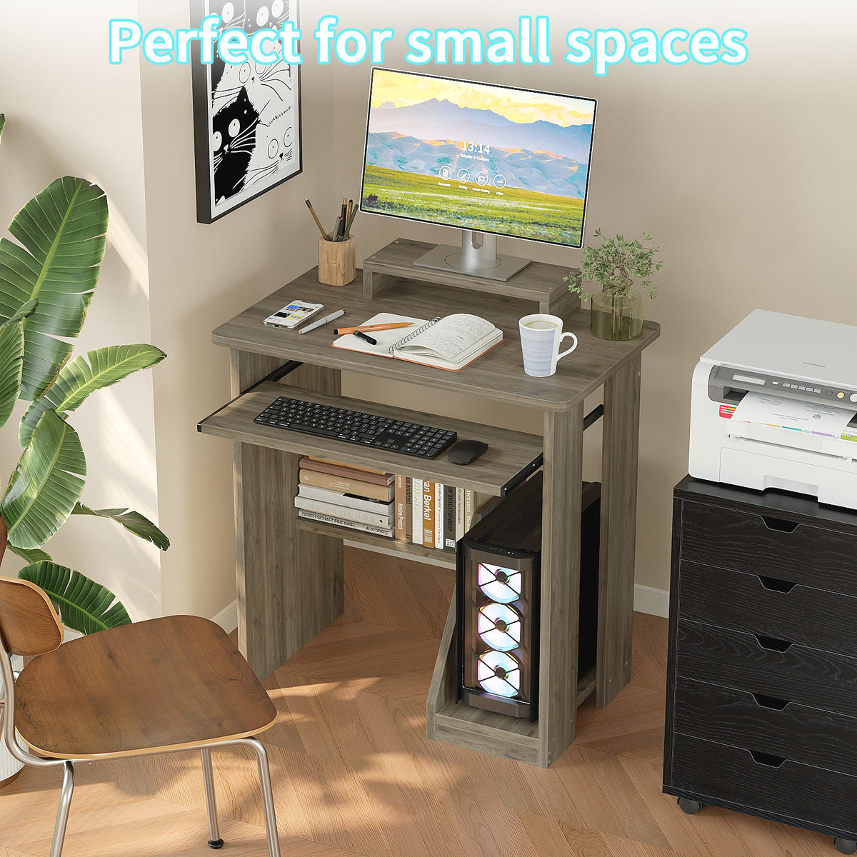 Compact Computer Desk with Monitor Stand, Keyboard Tray and Storage Shelves for Small Spaces