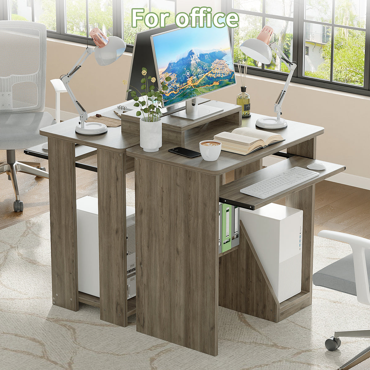 Compact Computer Desk with Monitor Stand, Keyboard Tray and Storage Shelves for Small Spaces
