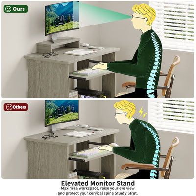 Compact Computer Desk with Monitor Stand, Keyboard Tray and Storage Shelves for Small Spaces
