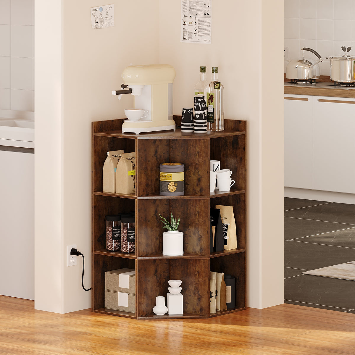 4-Tier Corner Storage Cabinet with USB Ports & Outlets, 9 Cubes