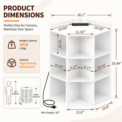 4-Tier Corner Storage Cabinet with USB Ports & Outlets, 9 Cubes